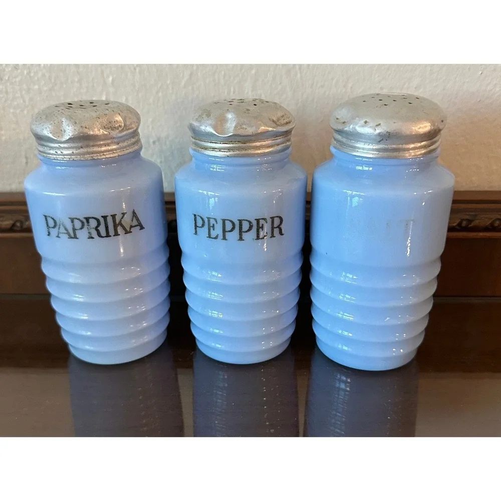 Vintage McKee Delphite Blue Beehive Salt Pepper Paprika Shaker Set